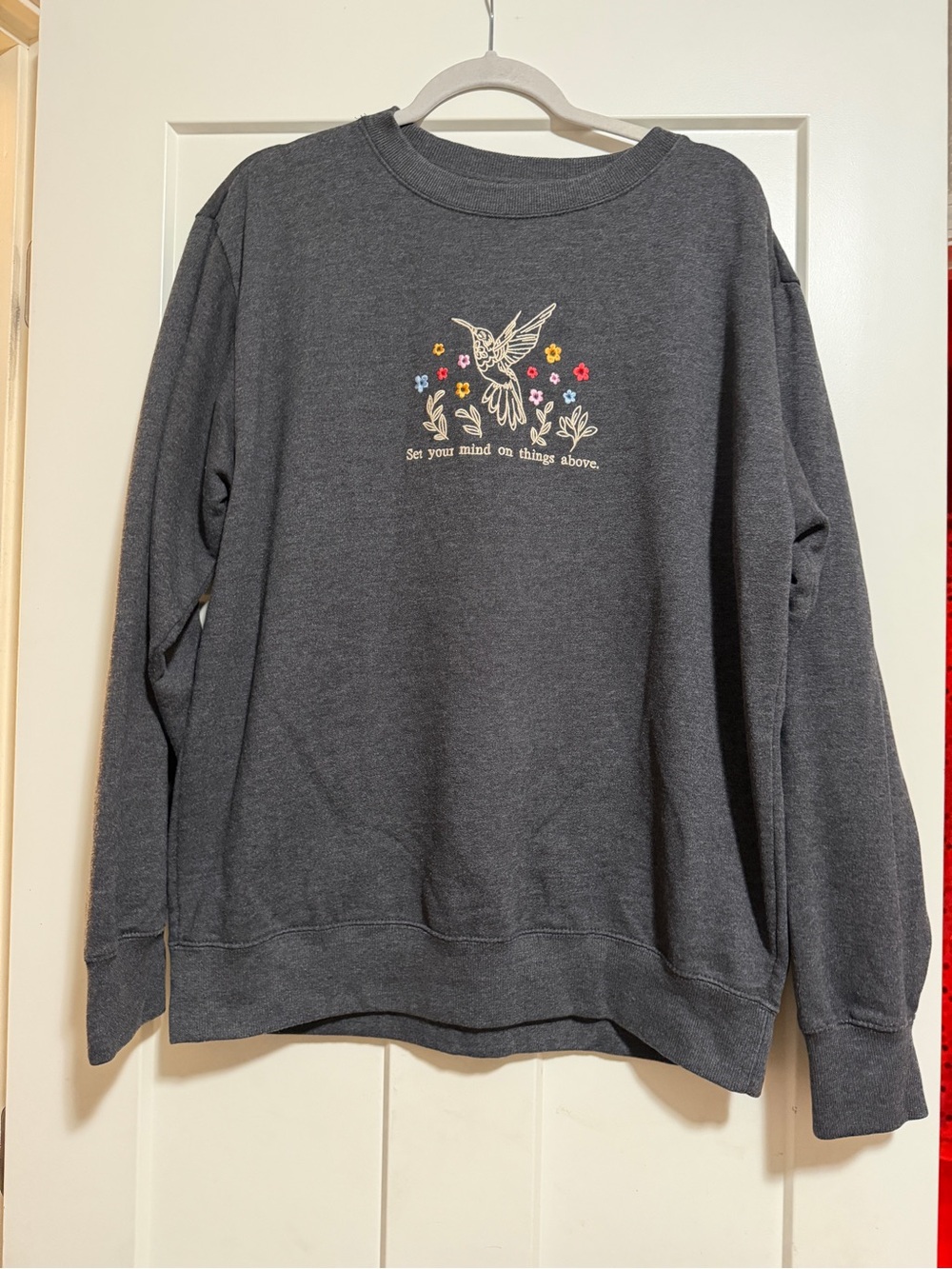 Charcoal Crewneck Sweatshirt with Hummingbird Embroidery